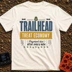 Treats Per Mile - T-Shirt in Ivory - A typographic design featuring the text "TRAILHEAD TREAT ECONOMY" and "Payment due...