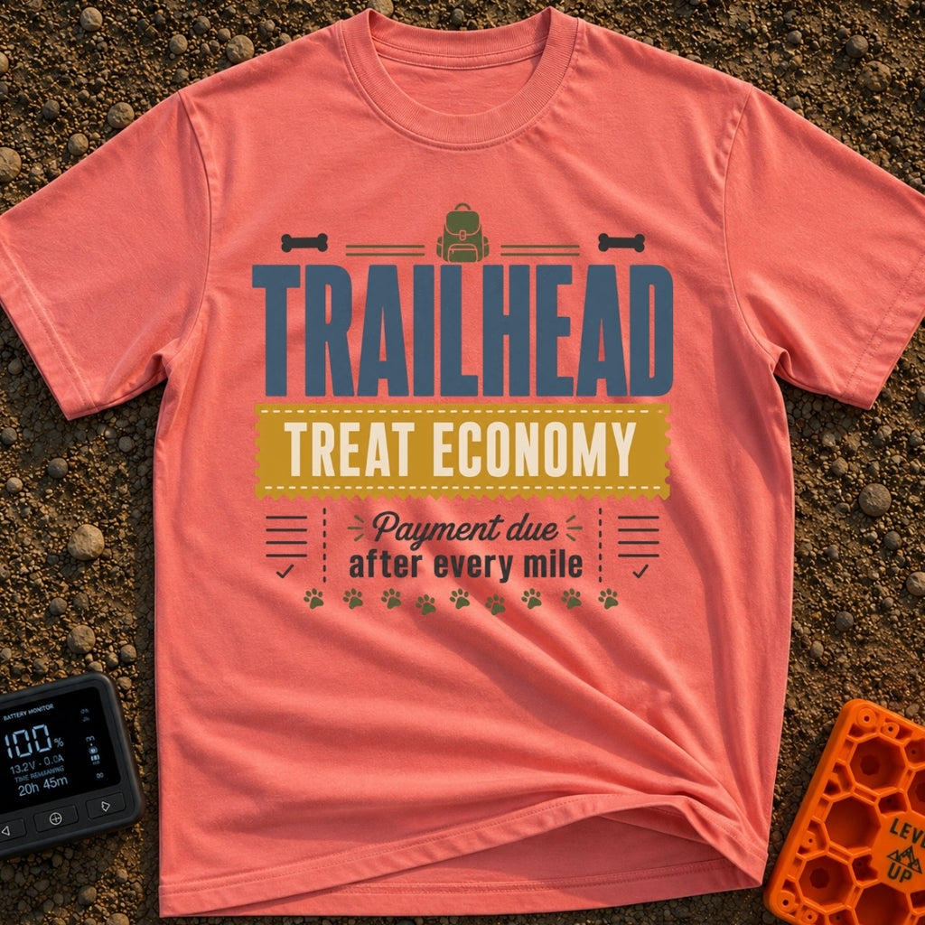 Treats Per Mile - T-Shirt in Watermelon - A typographic design featuring the text "TRAILHEAD TREAT ECONOMY" and "Payment...