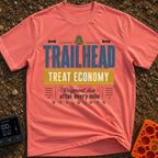 Treats Per Mile - T-Shirt in Watermelon - A typographic design featuring the text "TRAILHEAD TREAT ECONOMY" and "Payment...