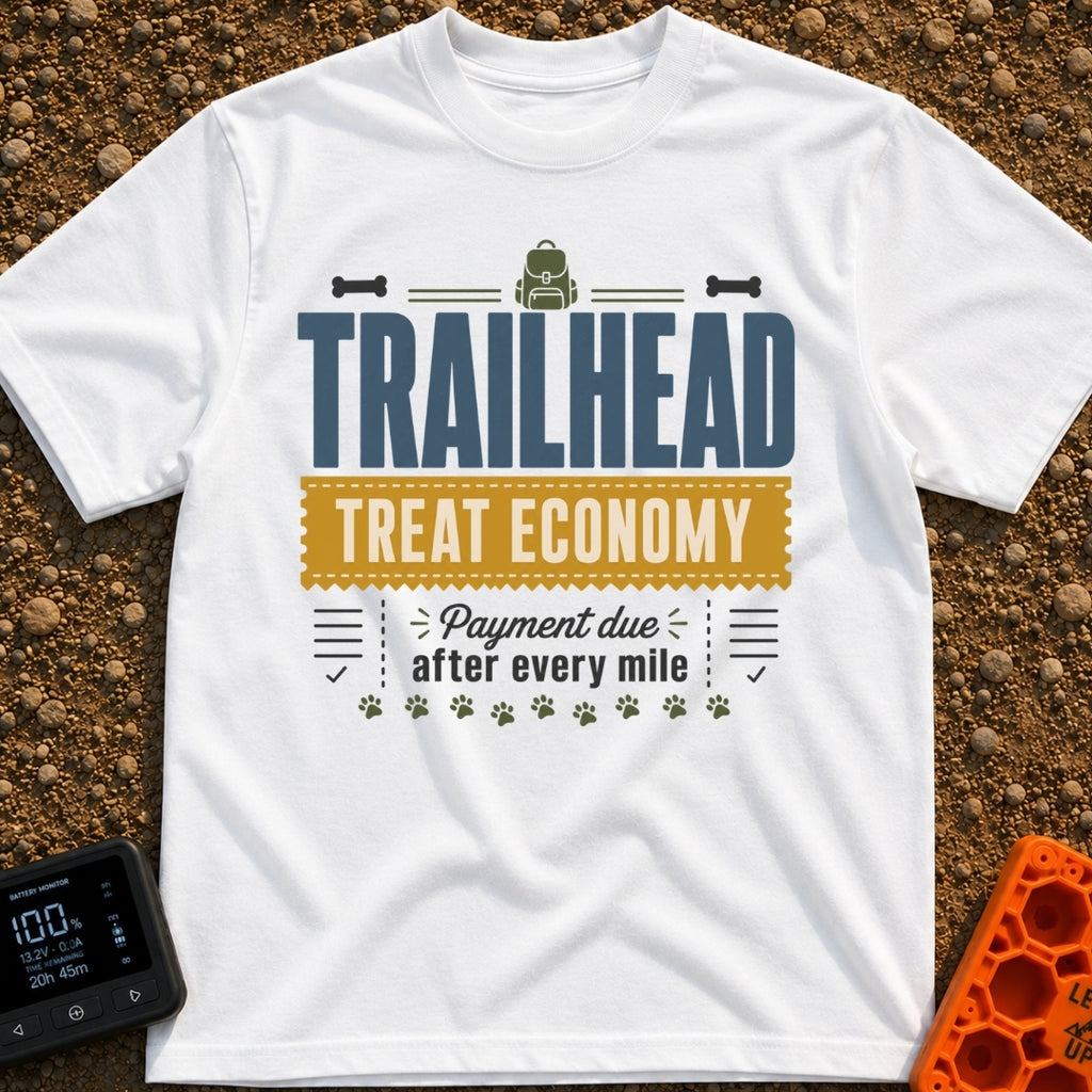 Treats Per Mile - T-Shirt in White - A typographic design featuring the text "TRAILHEAD TREAT ECONOMY" and "Payment due...