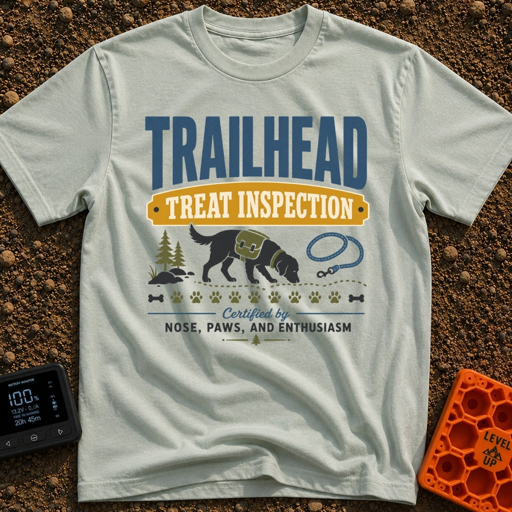 Will Hike For Treats - T-Shirt in Bay - A graphic design featuring the text "TRAILHEAD TREAT INSPECTION" above a...