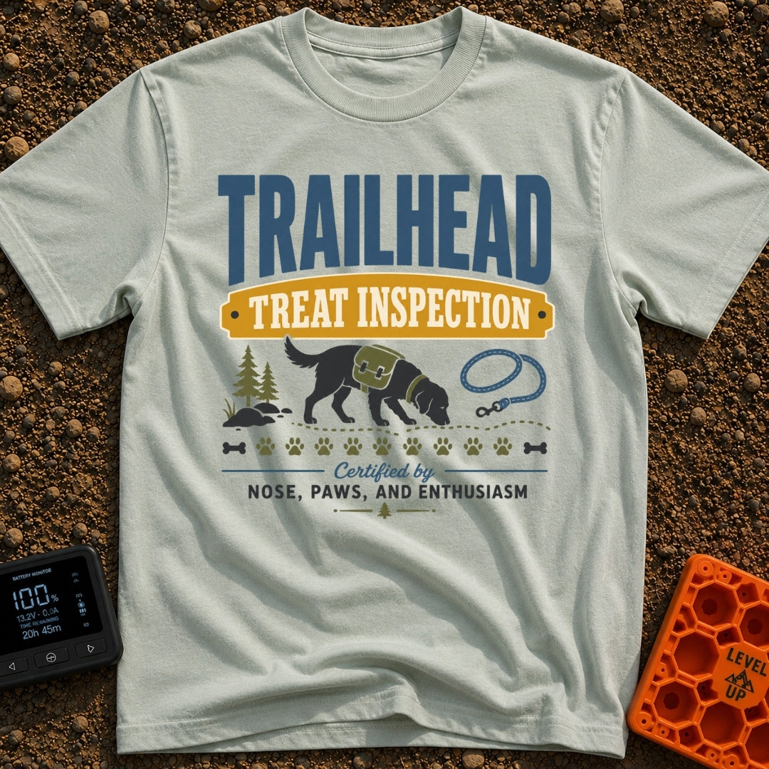 Will Hike For Treats - T-Shirt in Bay - A graphic design featuring the text "TRAILHEAD TREAT INSPECTION" above a...