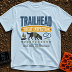 Will Hike For Treats - T-Shirt in Chambray - A graphic design featuring the text "TRAILHEAD TREAT INSPECTION" above a...