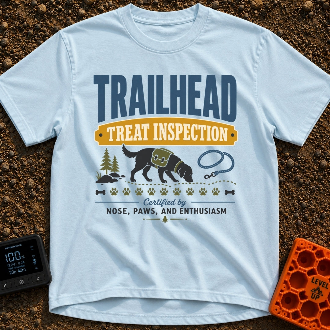 Will Hike For Treats - T-Shirt in Chambray - A graphic design featuring the text "TRAILHEAD TREAT INSPECTION" above a...