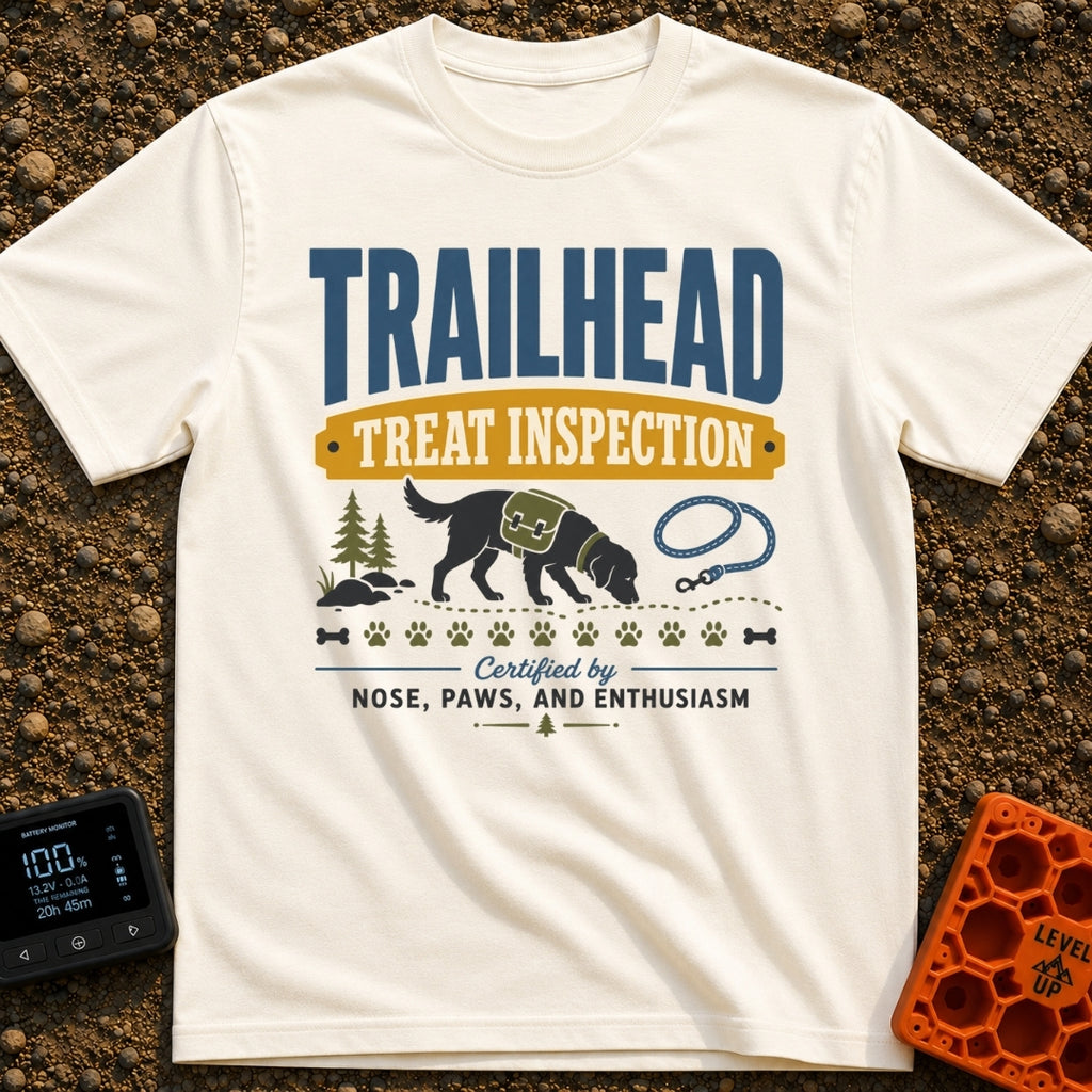 Will Hike For Treats - T-Shirt in Ivory - A graphic design featuring the text "TRAILHEAD TREAT INSPECTION" above a...