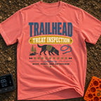 Will Hike For Treats - T-Shirt in Watermelon - A graphic design featuring the text "TRAILHEAD TREAT INSPECTION" above a...