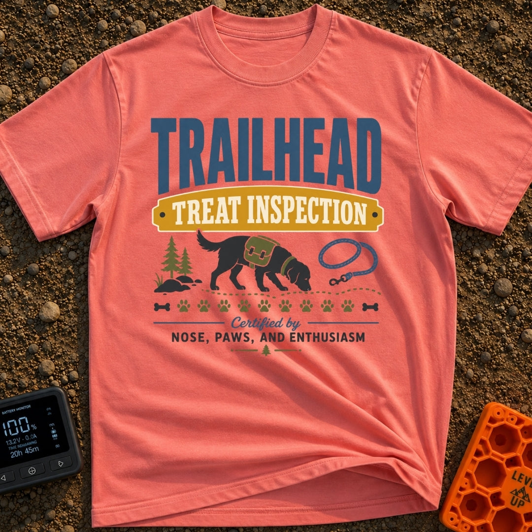 Will Hike For Treats - T-Shirt in Watermelon - A graphic design featuring the text "TRAILHEAD TREAT INSPECTION" above a...