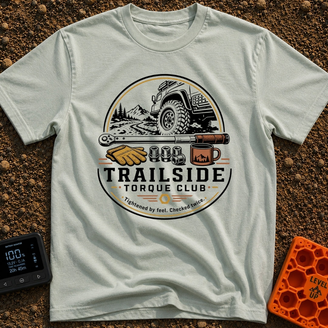 Trail Torque Club - T-Shirt in Bay - A circular graphic featuring a 4x4 vehicle on a mountain dirt trail, positioned...