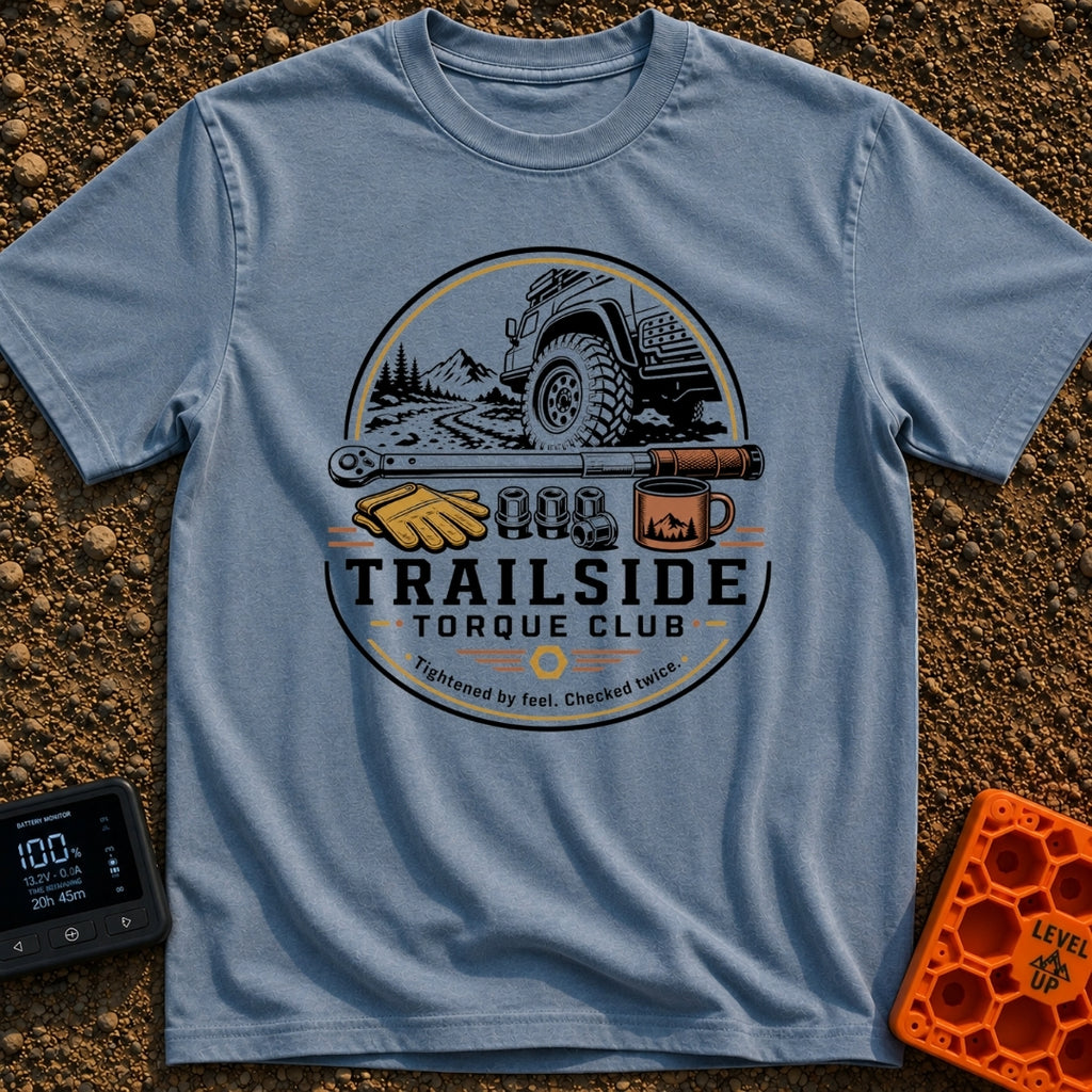 Trail Torque Club - T-Shirt in Blue Jean - A circular graphic featuring a 4x4 vehicle on a mountain dirt trail,...