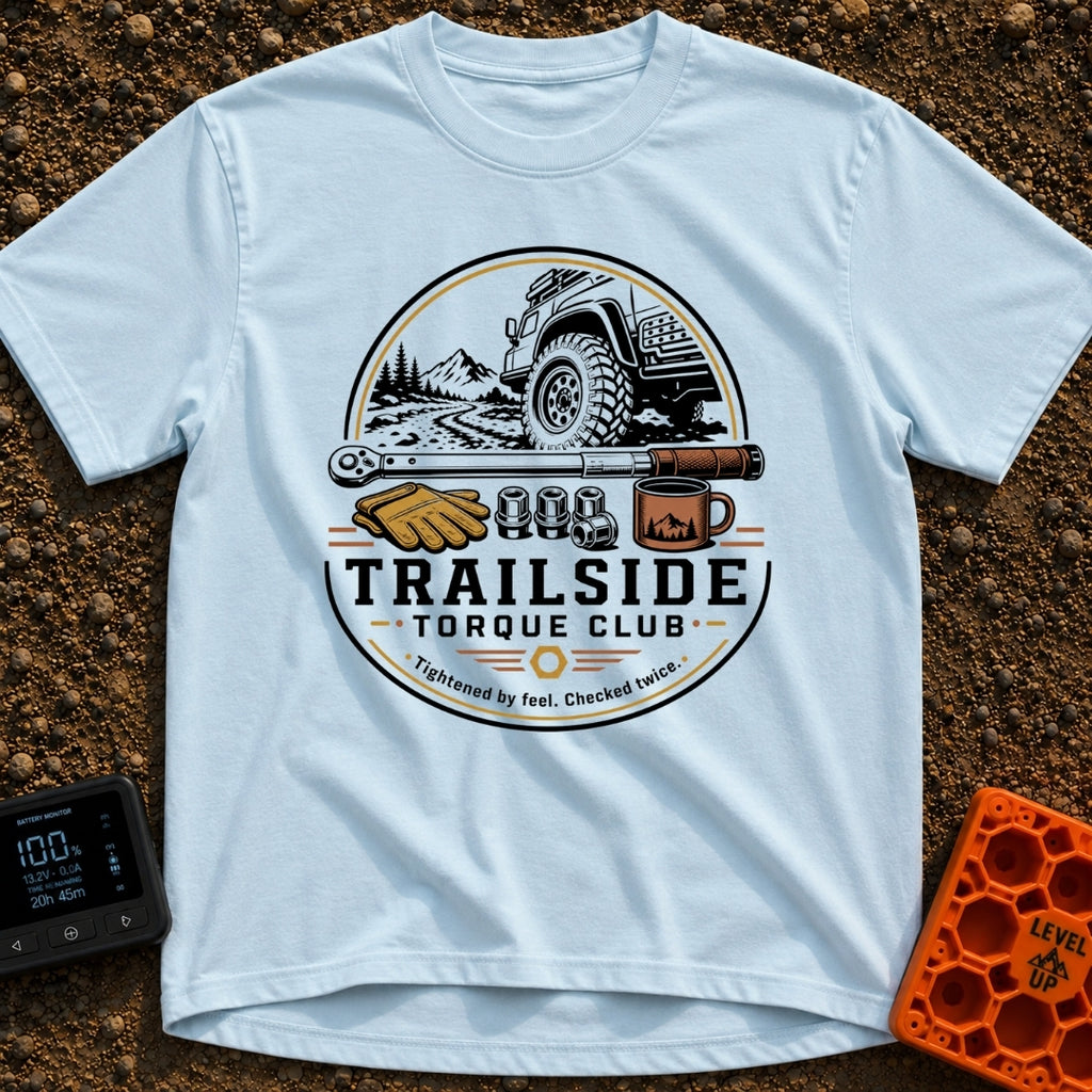 Trail Torque Club - T-Shirt in Chambray - A circular graphic featuring a 4x4 vehicle on a mountain dirt trail, positioned...