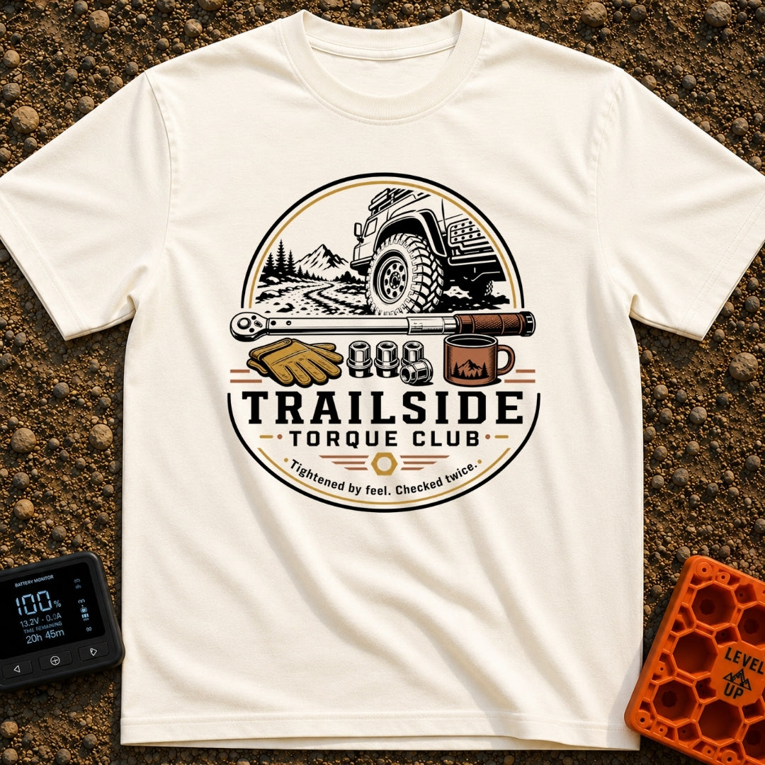 Trail Torque Club - T-Shirt in Ivory - A circular graphic featuring a 4x4 vehicle on a mountain dirt trail, positioned...