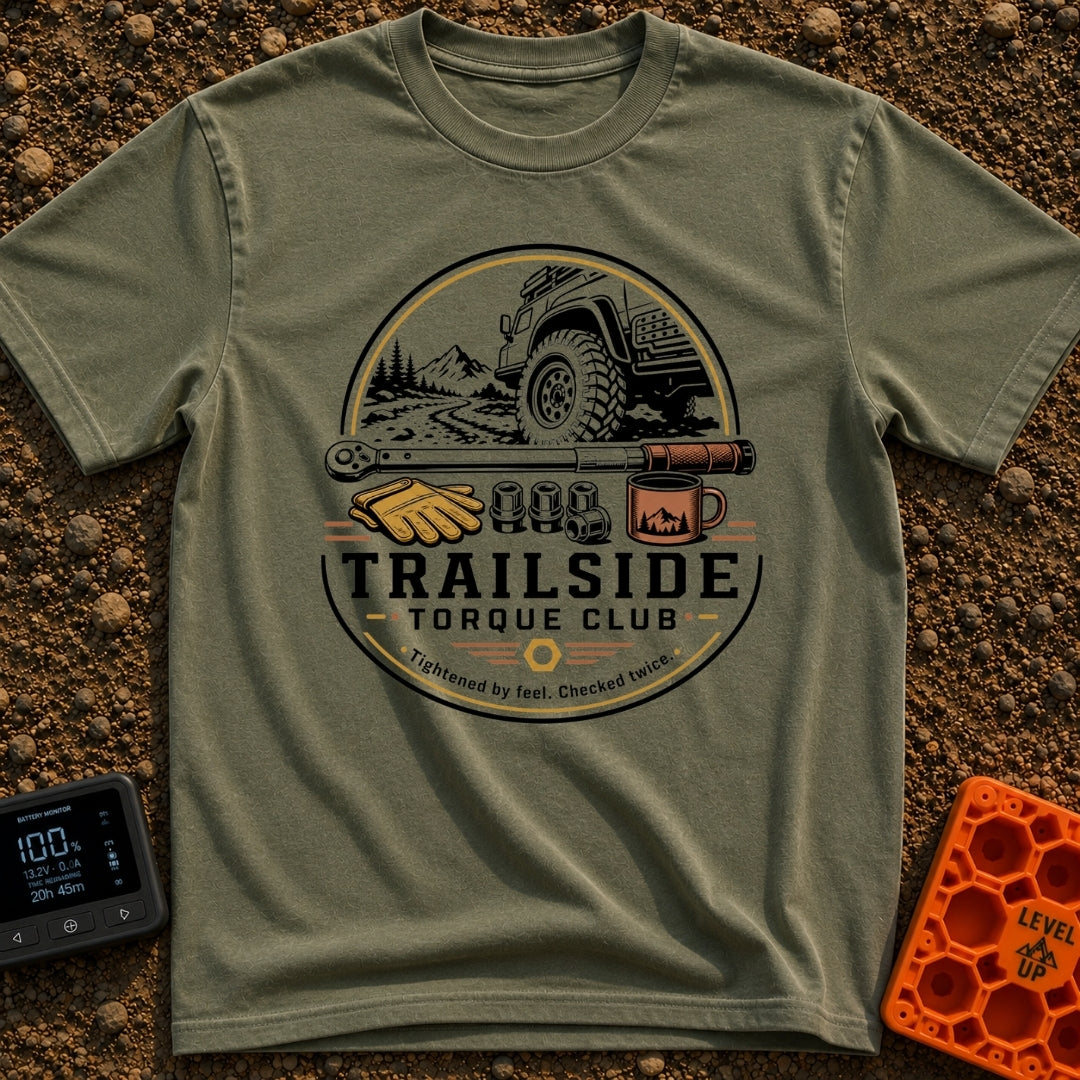 Trail Torque Club - T-Shirt in Moss - A circular graphic featuring a 4x4 vehicle on a mountain dirt trail, positioned...