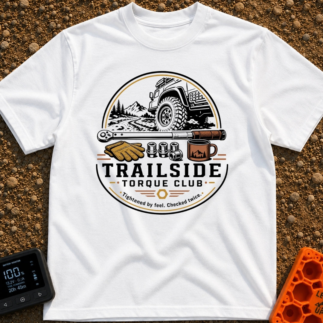 Trail Torque Club - T-Shirt in White - A circular graphic featuring a 4x4 vehicle on a mountain dirt trail, positioned...
