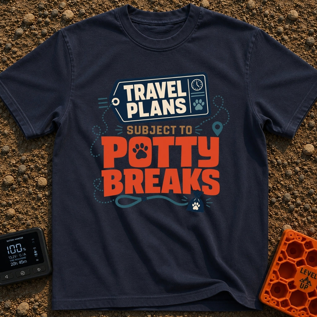 Subject To Potty Breaks - T-Shirt in Navy - A typography design featuring the text "TRAVEL PLANS SUBJECT TO POTTY BREAKS"...