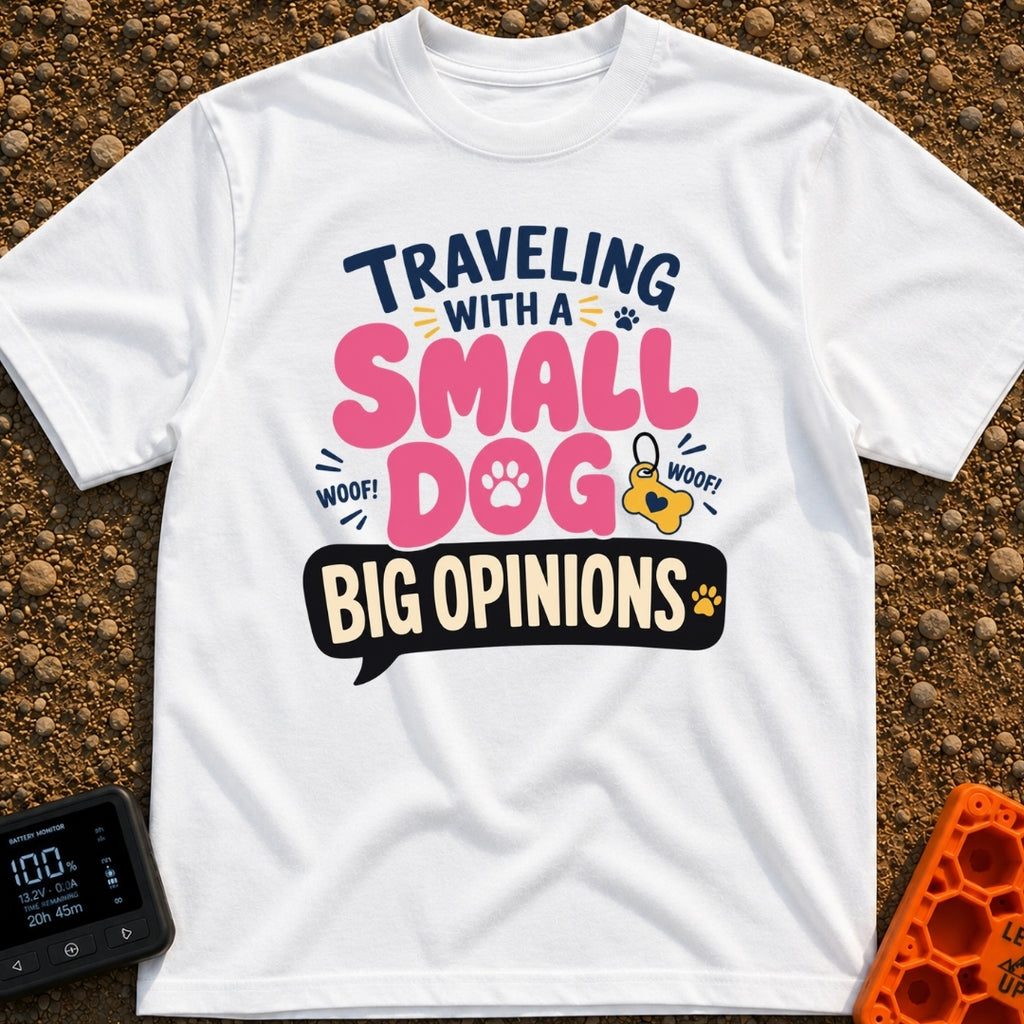 Small Dog Big Opinions - T-Shirt in White - A typographic design featuring the text "TRAVELING WITH A SMALL DOG BIG...