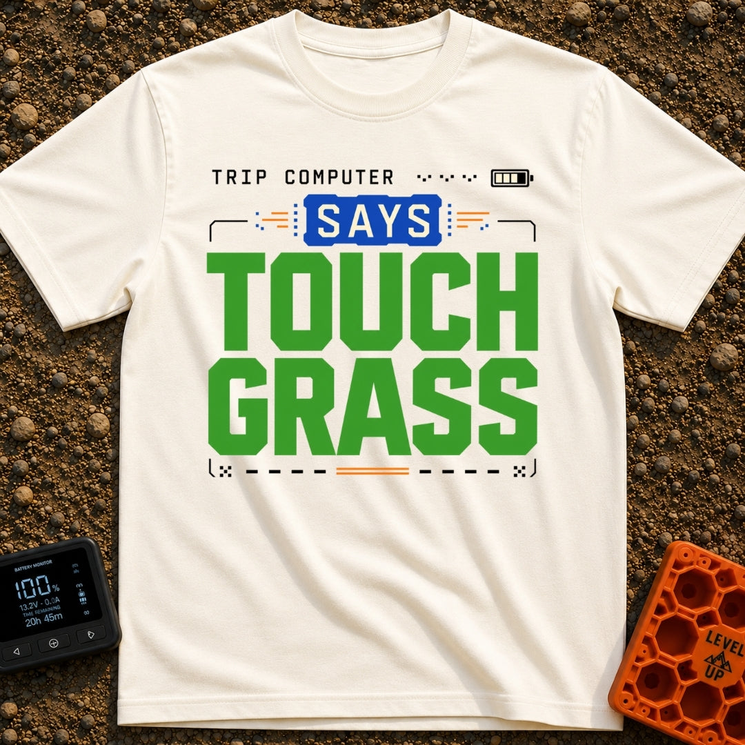 Computer Says Touch Grass - T-Shirt in Ivory - A text-based design featuring the phrase "TRIP COMPUTER SAYS TOUCH GRASS"...