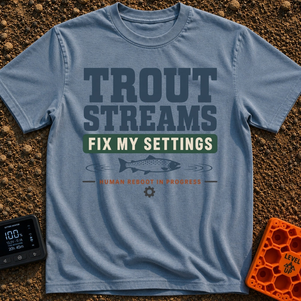 Trout Stream Factory Reset - T-Shirt in Blue Jean - A typographic design featuring the text "TROUT STREAMS FIX MY...
