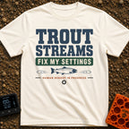 Trout Stream Factory Reset - T-Shirt in Ivory - A typographic design featuring the text "TROUT STREAMS FIX MY SETTINGS"...
