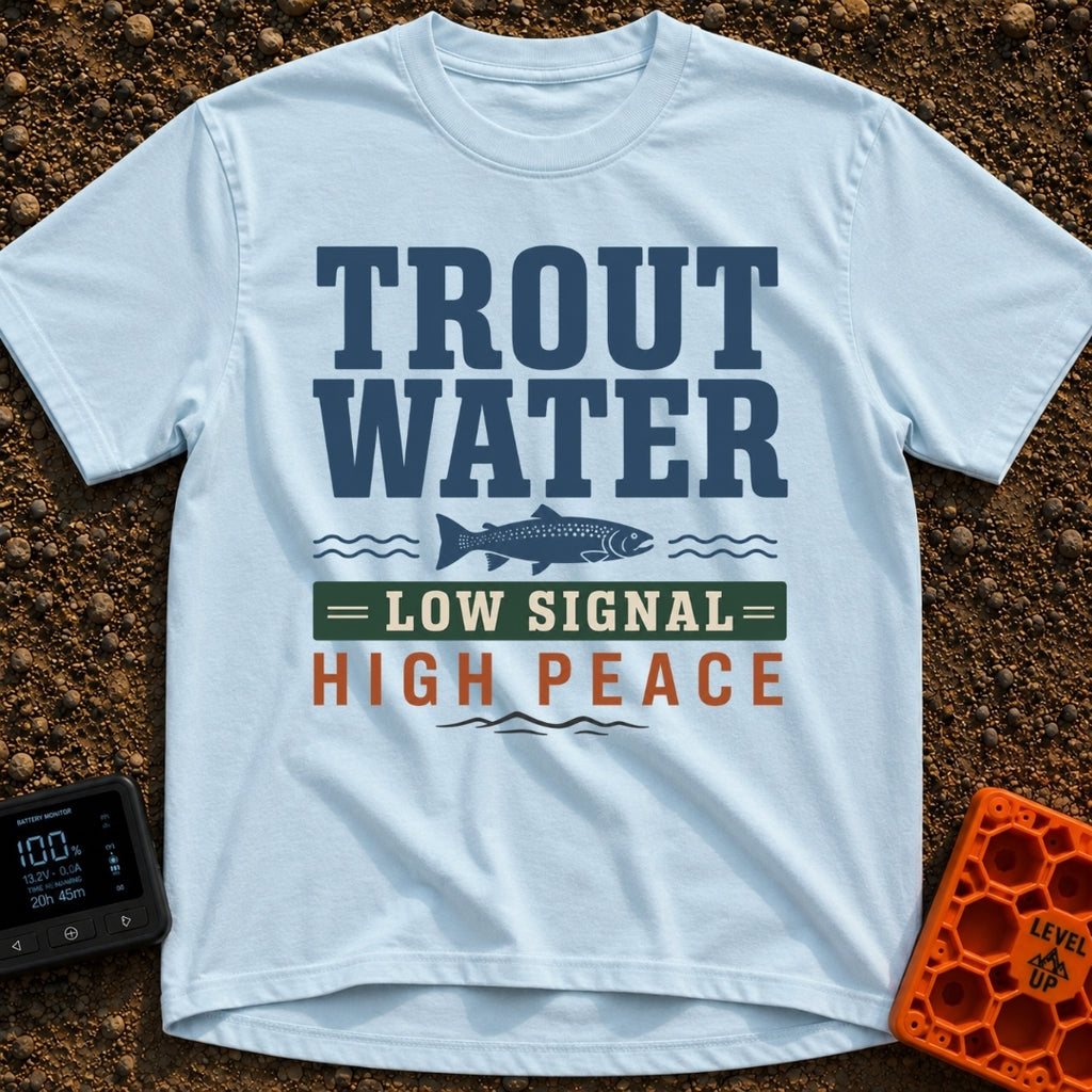 Trout Tranquility Zone - T-Shirt in Chambray - A typographic design featuring the text "TROUT WATER" in large blue...