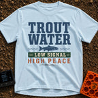 Trout Tranquility Zone - T-Shirt in Chambray - A typographic design featuring the text "TROUT WATER" in large blue...