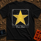 Follow The True Stars - T-Shirt in Black - A large gold, five-pointed star featuring a vertical tire track pattern...