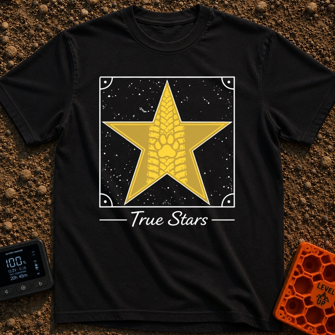 Follow The True Stars - T-Shirt in Black - A large gold, five-pointed star featuring a vertical tire track pattern...
