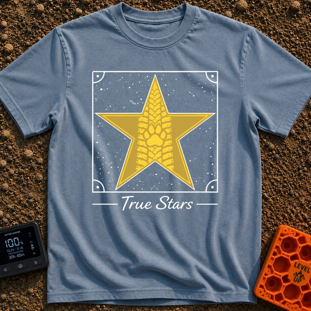 Follow The True Stars - T-Shirt in Blue Jean - A large gold, five-pointed star featuring a vertical tire track pattern...