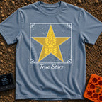 Follow The True Stars - T-Shirt in Blue Jean - A large gold, five-pointed star featuring a vertical tire track pattern...