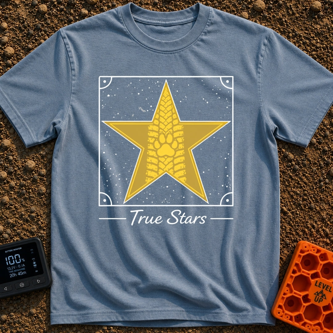 Follow The True Stars - T-Shirt in Blue Jean - A large gold, five-pointed star featuring a vertical tire track pattern...