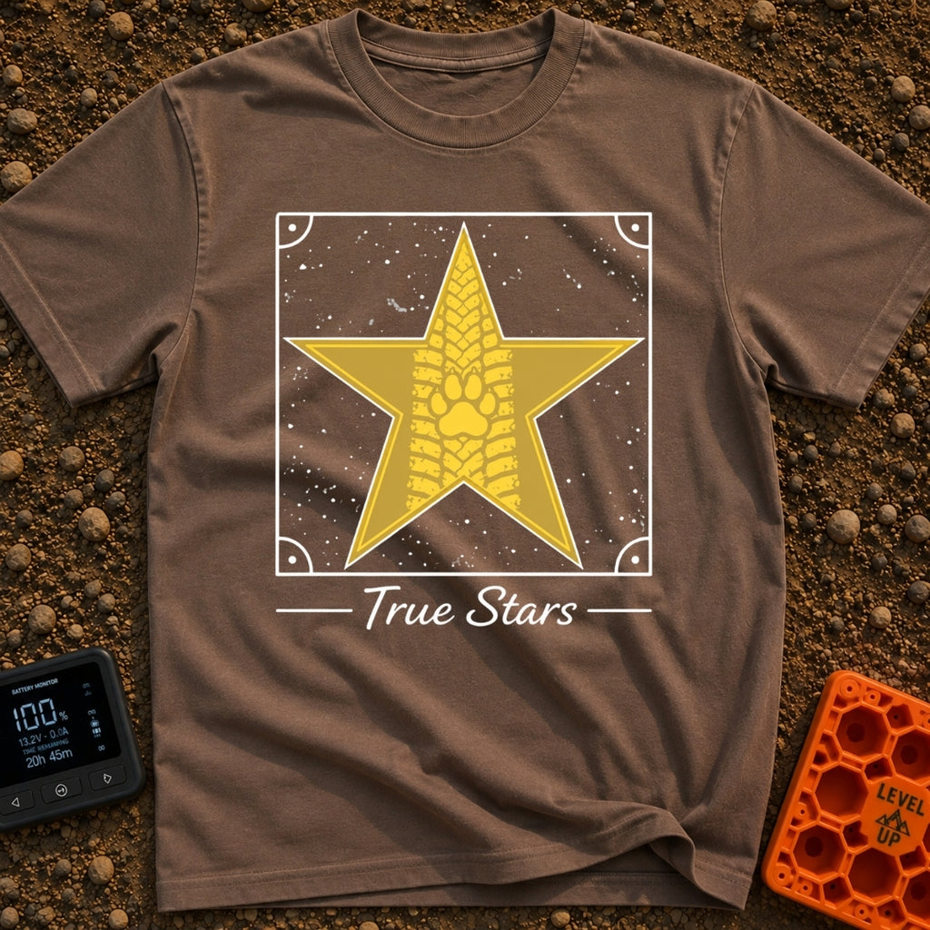 Follow The True Stars - T-Shirt in Espresso - A large gold, five-pointed star featuring a vertical tire track pattern...