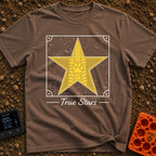 Follow The True Stars - T-Shirt in Espresso - A large gold, five-pointed star featuring a vertical tire track pattern...