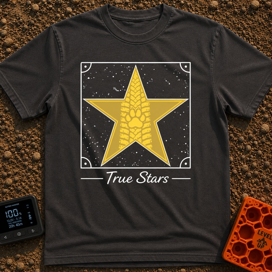 Follow The True Stars - T-Shirt in Graphite - A large gold, five-pointed star featuring a vertical tire track pattern...