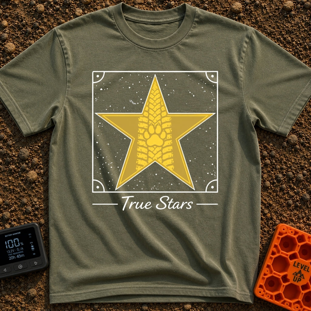 Follow The True Stars - T-Shirt in Moss - A large gold, five-pointed star featuring a vertical tire track pattern running...
