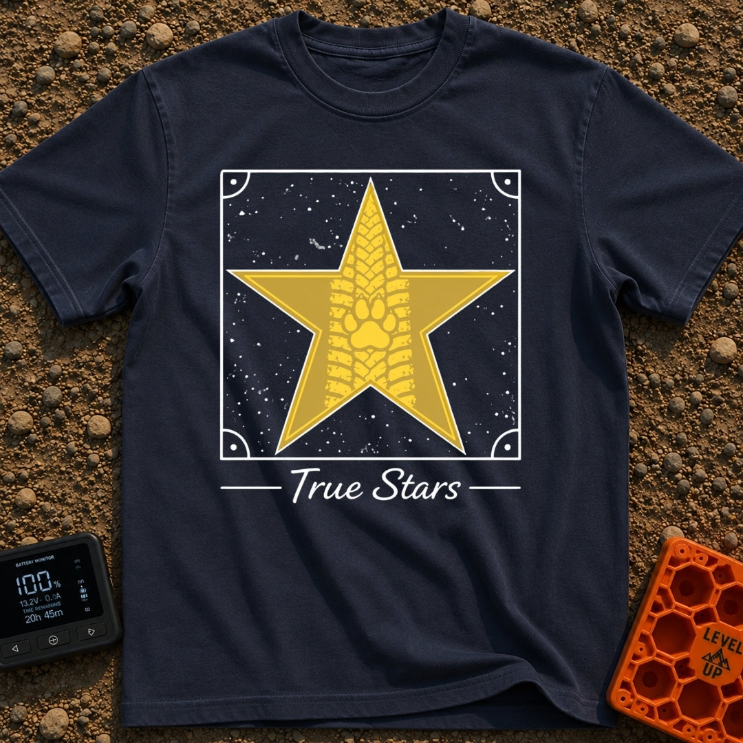Follow The True Stars - T-Shirt in Navy - A large gold, five-pointed star featuring a vertical tire track pattern running...