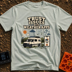 Weather App Trust Issues - T-Shirt in Bay - The artwork features a camper van with a roof-mounted solar panel parked next...