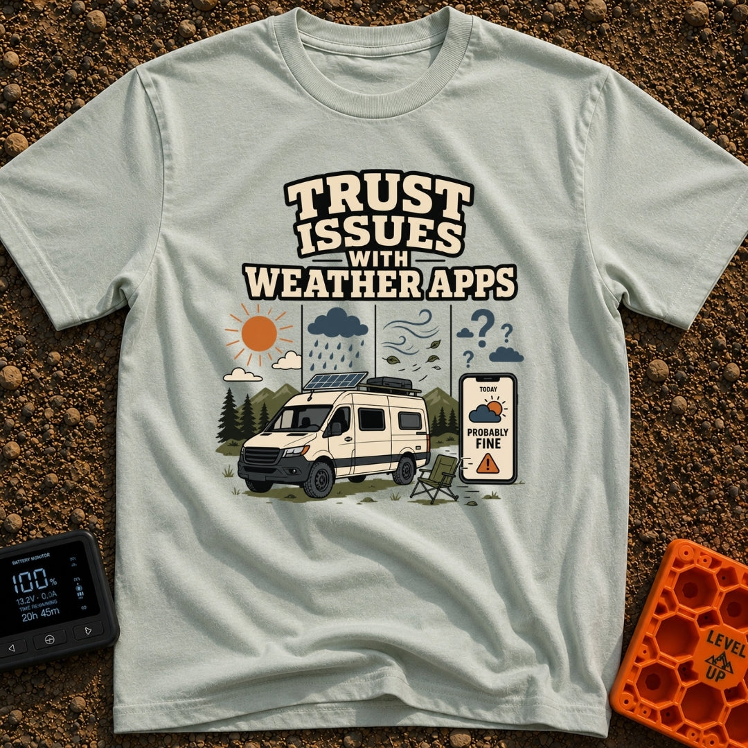 Weather App Trust Issues - T-Shirt in Bay - The artwork features a camper van with a roof-mounted solar panel parked next...