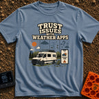 Weather App Trust Issues - T-Shirt in Blue Jean - The artwork features a camper van with a roof-mounted solar panel...