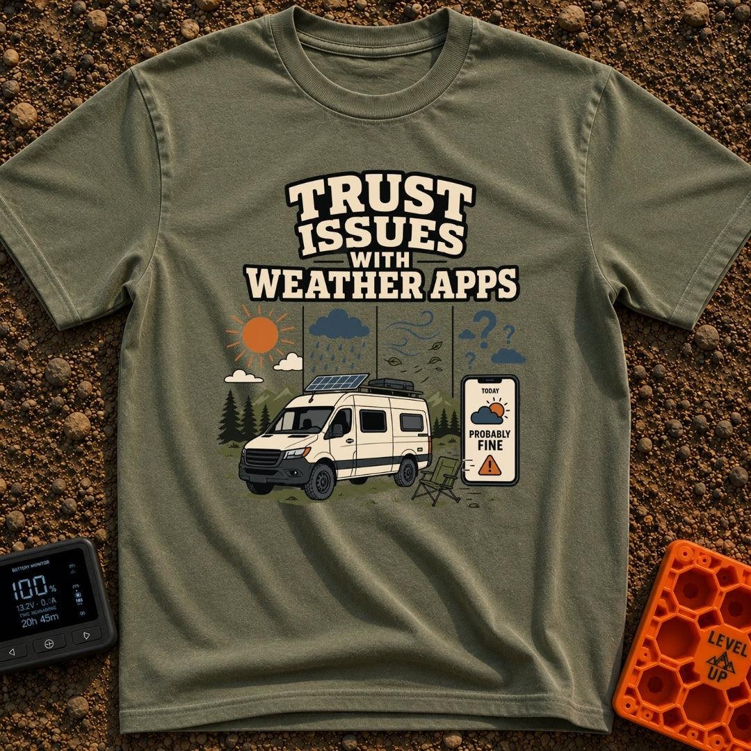 Weather App Trust Issues - T-Shirt in Moss - The artwork features a camper van with a roof-mounted solar panel parked...