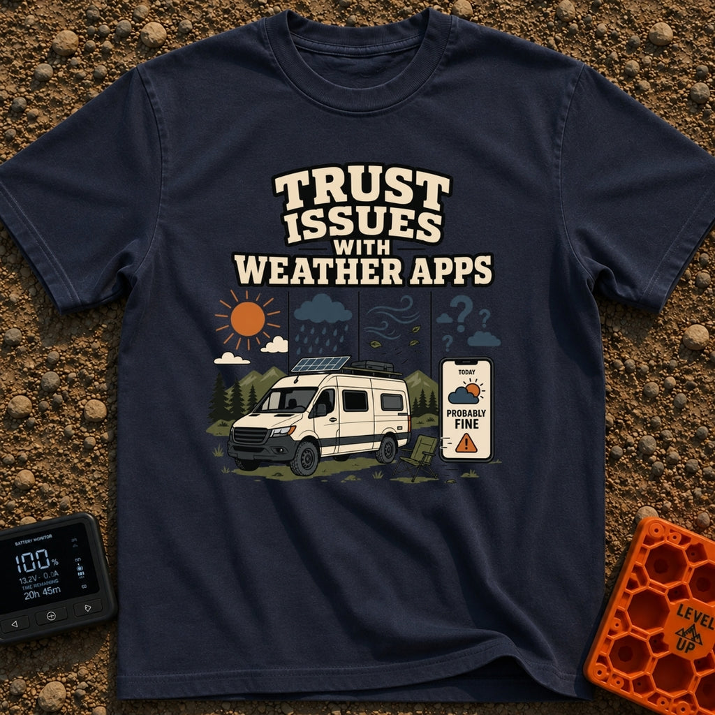 Weather App Trust Issues - T-Shirt in Navy - The artwork features a camper van with a roof-mounted solar panel parked...