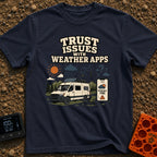 Weather App Trust Issues - T-Shirt in Navy - The artwork features a camper van with a roof-mounted solar panel parked...