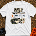 Weather App Trust Issues - T-Shirt in White - The artwork features a camper van with a roof-mounted solar panel parked...