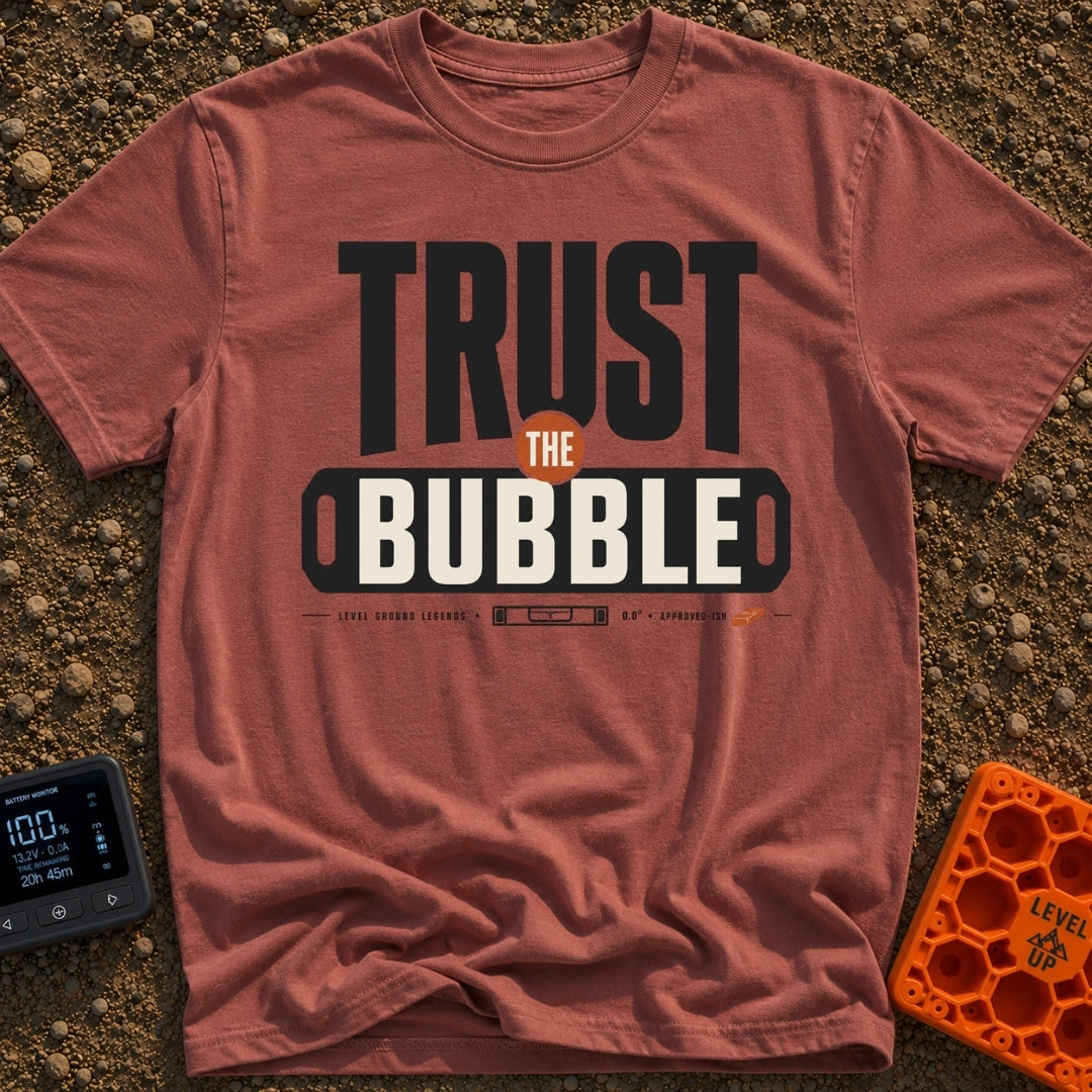 Trust The Bubble - T-Shirt in Brick - A typographic design featuring the words "TRUST THE BUBBLE" alongside illustrations...
