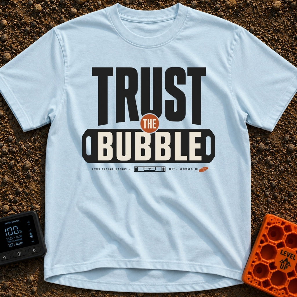 Trust The Bubble - T-Shirt in Chambray - A typographic design featuring the words "TRUST THE BUBBLE" alongside...