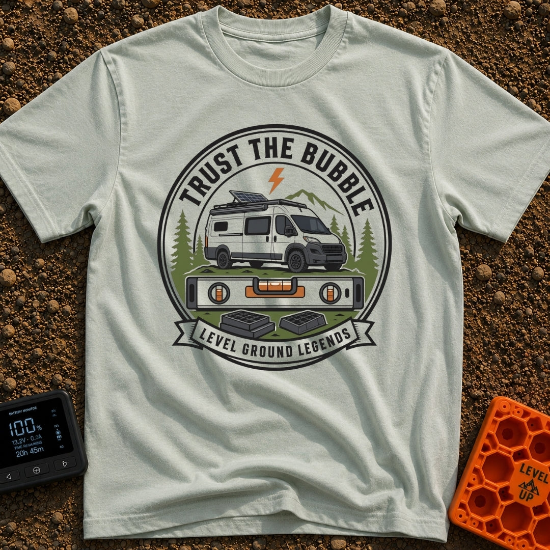 Level Ground Legends - T-Shirt in Bay - A circular badge illustration showing a white camper van with a roof-mounted...