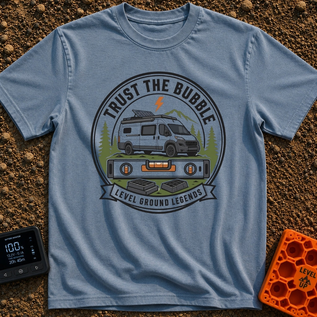 Level Ground Legends - T-Shirt in Blue Jean - A circular badge illustration showing a white camper van with a...