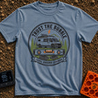 Level Ground Legends - T-Shirt in Blue Jean - A circular badge illustration showing a white camper van with a...