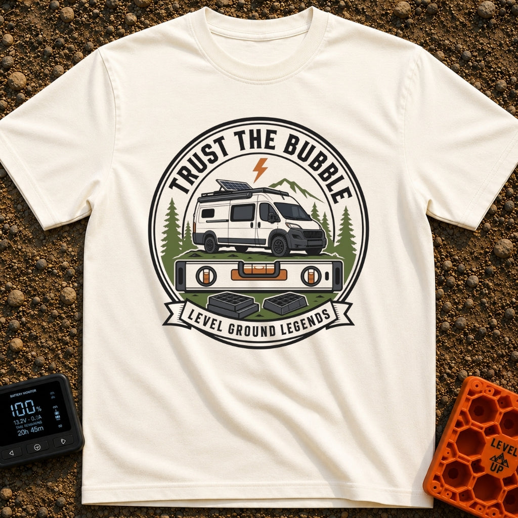Level Ground Legends - T-Shirt in Ivory - A circular badge illustration showing a white camper van with a roof-mounted...