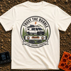 Level Ground Legends - T-Shirt in Ivory - A circular badge illustration showing a white camper van with a roof-mounted...