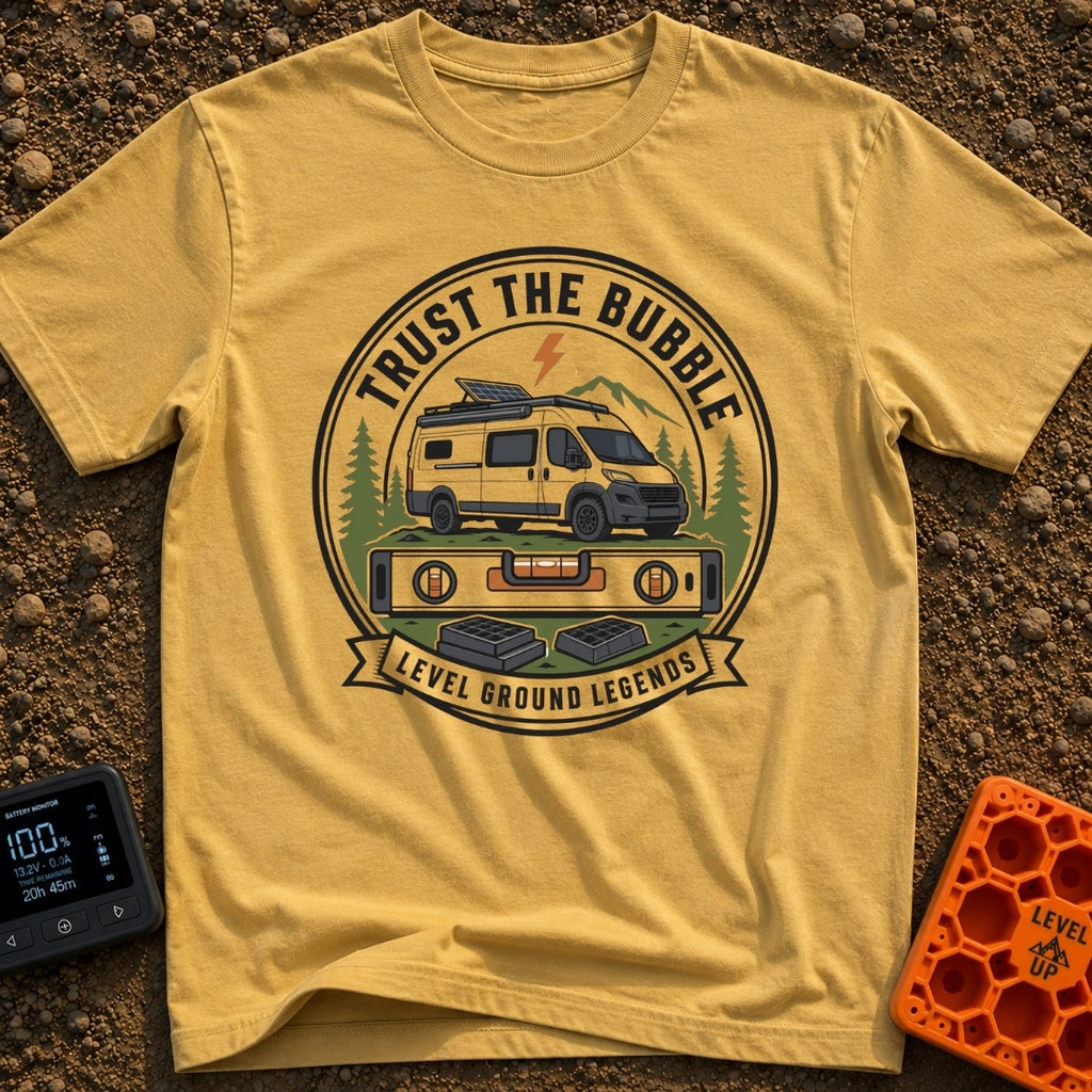 Level Ground Legends - T-Shirt in Mustard - A circular badge illustration showing a white camper van with a roof-mounted...
