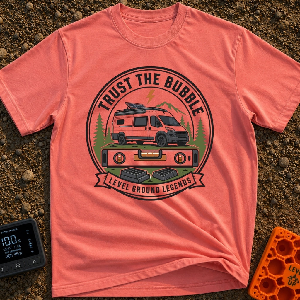 Level Ground Legends - T-Shirt in Watermelon - A circular badge illustration showing a white camper van with a...